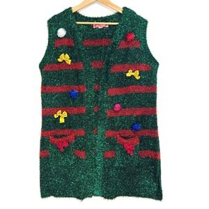 Jolidays Tinsel Metallic Ugly Christmas Sweater Vest Womens L Bows Pom-Poms